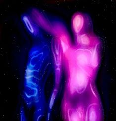 two abstract figures in blue and pink light with stars on the dark sky behind them