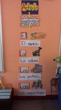 a wall with spanish words and pictures on it