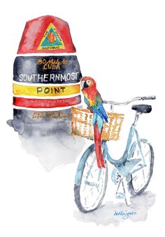 a watercolor painting of a parrot sitting on a bike next to a sign that reads south thermos point