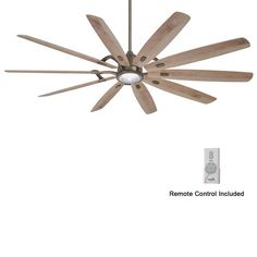 a ceiling fan with five wooden blades on the blade and remote control attached to it