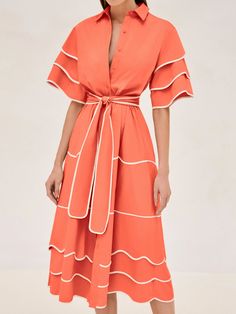 Introducing the Rhodes Midi Dress. This dress features a vibrant orange hue that instantly brightens your wardrobe, while the playful, layered trim detailing adds a touch of flair to its classic shirt dress silhouette. Finished with a flattering waist tie to accentuate your figure, this will become your go to for chic and comfortable summer dressing. Lace Dresses, Alexis Rhodes, Summer Dressing, Shirt Dress Outfit, Classic Shirt Dress, Set Outfits, Pretty Dress, Midi Shirt Dress, Dress Silhouette