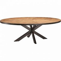 a round wooden table with black metal legs and an oval wood top, on a white background