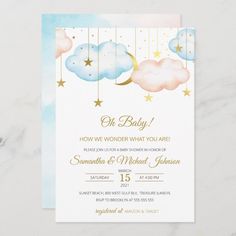 a baby shower is shown with clouds and stars