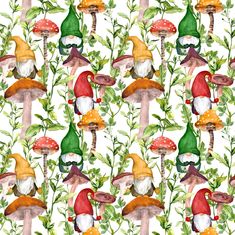 a watercolor pattern with gnomes and mushrooms