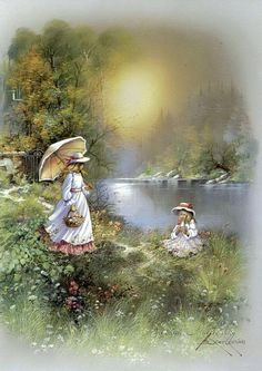 two women with umbrellas are standing by the water and some flowers in front of them