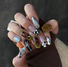 Funky Chrome Nails, 2 Different Color Nails On Both Hands, Abstract Winter Nails, Oyster Shell Nails, Labradorite Nails, Handmade Press On Nails, Unique Gel Nails, Nature Inspired Nails, Nail Tech Photoshoot Ideas