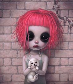 a painting of a girl with pink hair holding a teddy bear in front of a brick wall