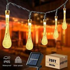 solar powered water droplet string lights with 20 leds on each side and box