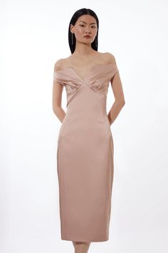 A Timeless Take On Luxury, This Midi Dress Is Crafted From Glossy Italian Satin For A Tailored Fit. Featuring An Off The Shoulder Design That Elegantly Frames The Shoulders, While A Lightly Ruched Panel Lines A V-Neck Cut Out Design. Pair With Polished Accessories And Heels For An Ensemble That Can Be Worn Occasion After Occasion.Off The Shouldermidi Lengthsatin Italian Midi Dress, Nude Off Shoulder A Line Dress Midi, Luxury Chic Off-shoulder Satin Dress, Luxury Off-shoulder Satin Midi Dress, Luxury Off-shoulder Dress With Structured Shoulders, Luxury Feminine Off-shoulder Midi Dress, Italian Dress, Cut Out Design, Trending Sunglasses