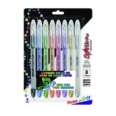 six different colored pens in a package with stars on the back and one is white