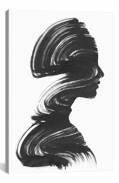 a black and white drawing of a woman's face with her hair blowing in the wind