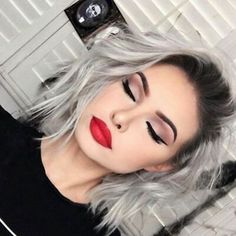 Women Silver Gray Ombre Dark Root Wavy Long Bob Lace Front Wigs Synthetic Hair | eBay Makeup Tip, Wig Party, Red Lipstick, Synthetic Lace Front Wigs, Grunge Hair, Grey Hair, Silver Hair, Ombre Hair, The Mirror