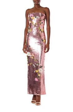 Strapless Embroidered Sequin Gown Fun Gowns, Shimmery Bridesmaid Dresses, Floral Sequin Dress, Luxury Multicolor Sequin Gown, Pink Strapless Embellished Sequin Dress, Embellished Fitted Strapless Floor-length Dress, Luxury Strapless Floral Gown, Luxury Floral Embellished Strapless Dress, Pink Knit Dress