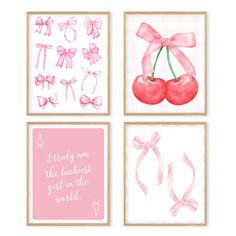 four pink cards with bows and cherries