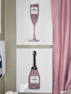 there are two pictures on the wall with wine bottles in them, one is pink and the other is white