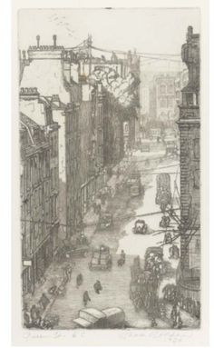 an old drawing of a city street with people walking on the sidewalk and cars driving down it