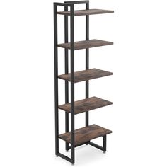 an industrial style shelving unit with four shelves