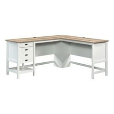 the corner desk has drawers and is white with wood top, along with an open drawer