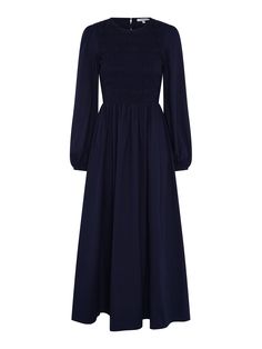 A maxi dress to take you from work to weekend, the Saint dress creates a striking silhouette without compromising on comfort. She's designed with a shirred bodice and long balloon sleeves in soft BCI member navy blue cotton. Winter Dresses For Women, Velvet Collection, Long Balloons, The Saint, Denim Coat, Shirt Skirt, Balloon Sleeves, British Indian, Occasion Wear