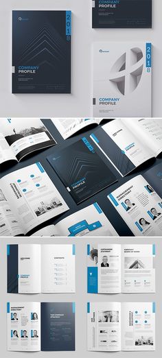 a bunch of brochures with blue and white designs