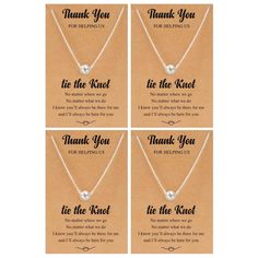 four thank necklaces with the words, thank you for helping us to be loved