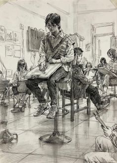 a drawing of a man sitting at a table in front of children