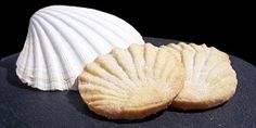 two scallop shells sitting on top of a black surface