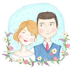 a drawing of a man and woman with flowers around them