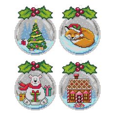 four cross stitch ornaments with animals and christmas decorations