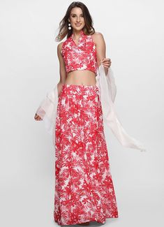 This artistic tropical printed ivory georgette crop top with halter neck band collar is teamed with a matching bias cut skirt and an ivory chiffon frill dupatta. Indian Clothing Brands, Ethnic Wear Indian, Bias Cut Skirt, Band Collar, Dress Cuts, Halter Neck, Tropical Print, No Frills, Lehenga