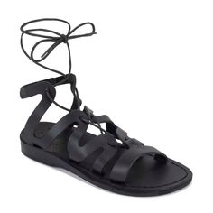 Emma black, handmade leather sandals with back strap and toe loop - Front View Black Lace Up Sandals, Warrior Style, Sporty Sandals, Sporty Sandal, Brown Leather Backpack, Black Strappy Sandals, Lace Up Sandals, Sport Sandals, Sandals For Women