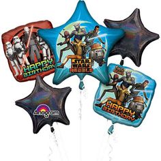 star wars balloon bouquets with happy birthday characters on them and balloons in the shape of stars