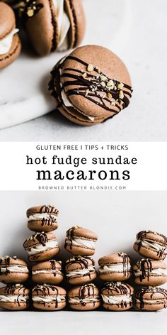 chocolate macaroons are stacked on top of each other with the words gluten free tips tricks