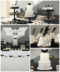 a collage of photos showing different types of cakes and cupcakes on display