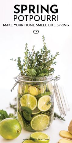 a jar filled with lemons, limes and herbs next to sliced up lemons