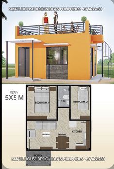 the floor plan for a small house with two bedroom and an attached balcony on top