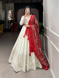 White lehenga choli for function, designer Georgette lehenga with fancy paper mirror work, wedding chaniya choli for bridesmaid,lengha choli Lehenga(Stitched) Color : 1) White and Red 2) White and Green  Lehenga Fabric : Georgette Lehenga Work : Lucknowi Paper Mirror Work  Waist : SUPPORTED UP TO 42 Stitching : Stitched With Canvas and Cancan Lehenga Closer : Drawstring With Zip Length : 41 Flair : 3.50 Meter  Inner : Micro Cotton Blouse(Unstitched) Blouse fabric : Georgette  Blouse Work : Luckn White Lehenga Choli, Orang India, Mirror Work Lehenga, White Lehenga, Simple Lehenga, Trendy Outfits Indian, Saree Bollywood, Georgette Lehenga, Stitched Lehenga