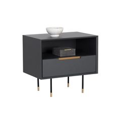 the side table with two drawers and a bowl on top, in grey color scheme