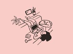 a drawing of a person laying on a bed with a laptop