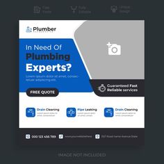 a flyer for plumbing experts with the words plumber in white and blue on it