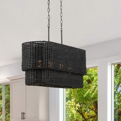 This black rattan shade pendant from Adara collection, matte black canopy and chain and rods offers a timeless look. Black rattan shade wived by hand which is very suitable for the farmhouse style. We recommend using this fixture in various settings. You can either install it to decorate your living room, bedroom, entryway, kitchen island, or set it as foyer lighting. allen + roth Adara 4-Light Matte Black Farmhouse Linear Large Hanging Pendant Light | KOQ4304AX-02 BK Black Rattan, Black Farmhouse, Rattan Shades, Foyer Lighting, Hanging Pendant Light, Entryway Kitchen, Allen Roth, Ceiling Fan Chandelier, Hanging Pendant