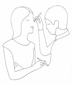 a drawing of a woman holding a human head in one hand and writing on the other