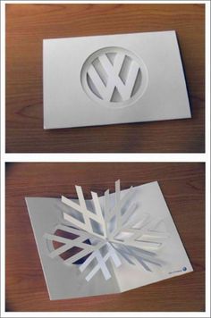 three different views of the same paper cut out in four different ways, each with an origami design