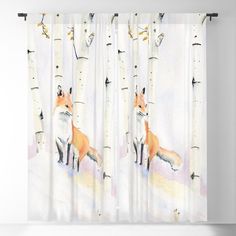 a watercolor painting of a fox sitting in the snow between two birch trees on a sunny day