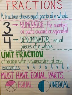 a piece of paper with numbers and fractions written in different colors on it,