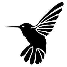 a black and white silhouette of a hummingbird with its wings spread out, flying in the air