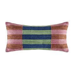 a multicolored striped pillow on a white background with a pink, green and blue stripe