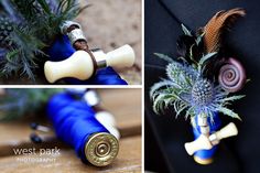 the boutonniere is decorated with feathers and other things to decorate on the man's lapel