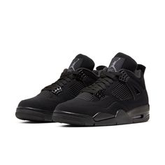 Drawing insipiration from MJ's nickname "the Black Cat", this revamp of the Nike Air Jordan 4 features a stealthy all-black look. Details include mesh underlays, signature wing eyelets and the Jumpman logo in Light Graphite. Black Cat 4s, Black Cat Breeds, Jordan Iv, Air Jordan Iv, Red Thunder, Jordan 4’s, Jordan 4 Black, Basketball Shoes For Men, Nike Air Jordan 4