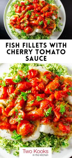 fish fillets with cherry tomato sauce on top of rice and topped with parsley